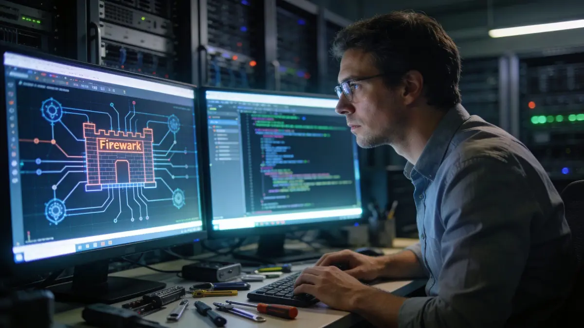 A professional cybersecurity expert working on network security code in a high-tech data center server room.
