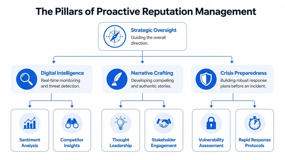 A flowchart diagram illustrating the key pillars of proactive reputation management, including strategy, digital intelligence, and crisis preparedness.