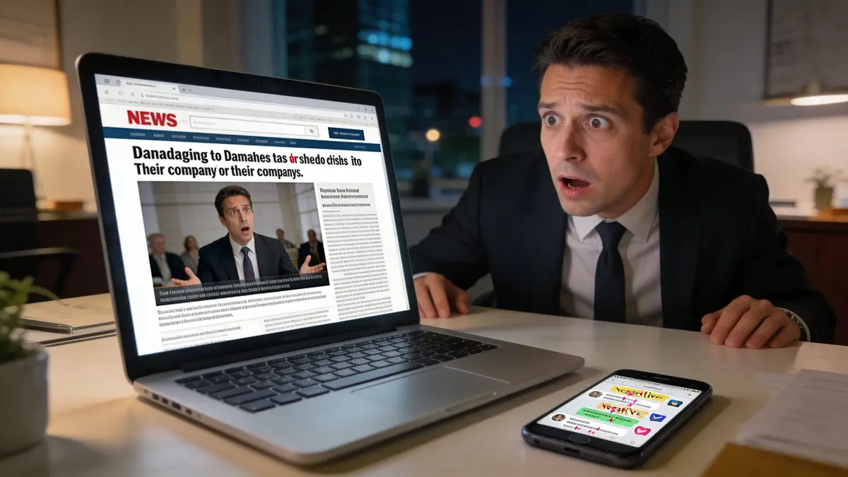 A shocked businessman looking at a computer screen displaying a negative news article about his company's reputation.
