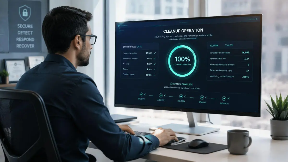 A professional analyzing a cybersecurity dashboard displaying the successful completion of a credential cleanup operation.