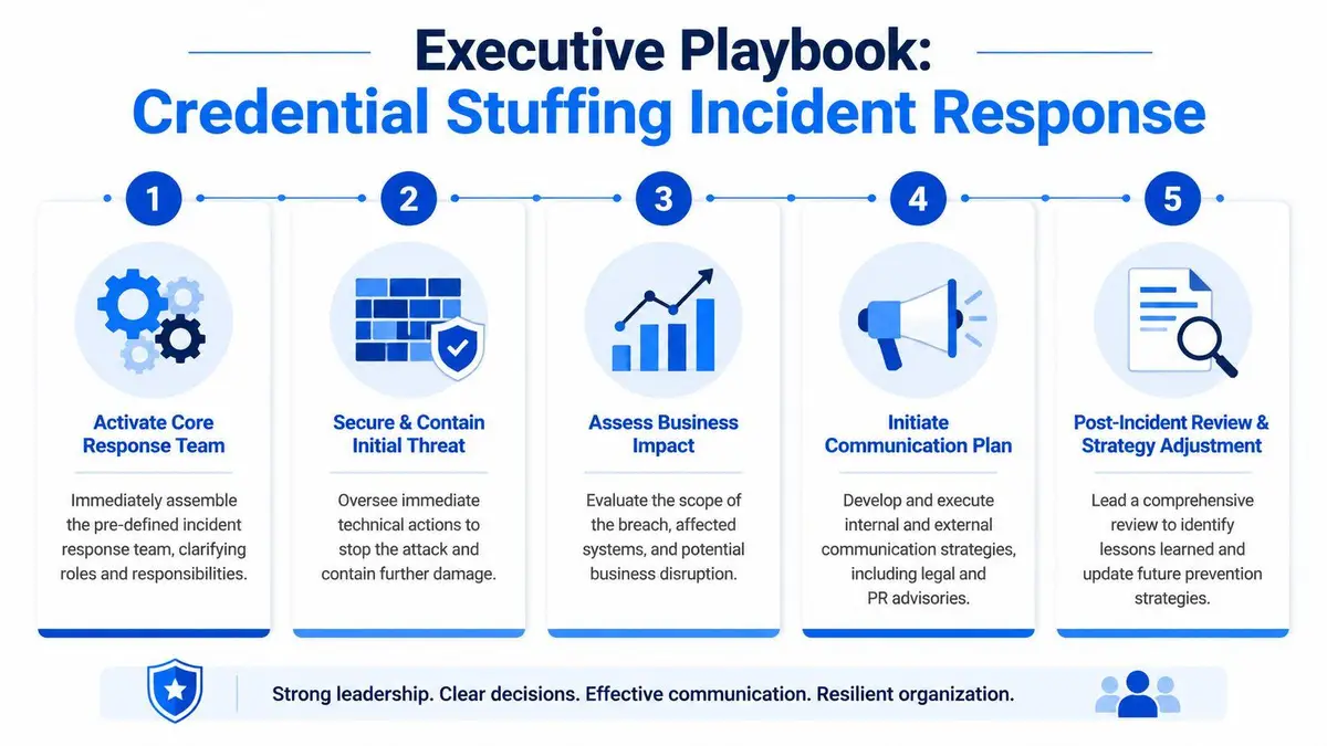 An infographic titled Executive Playbook outlining five steps for responding to a credential stuffing incident.