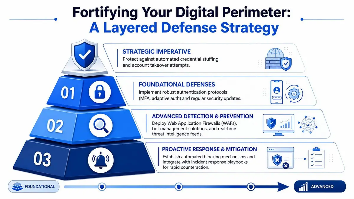 A pyramid diagram showing a three-layered defense strategy for protecting against automated credential stuffing and account takeover.