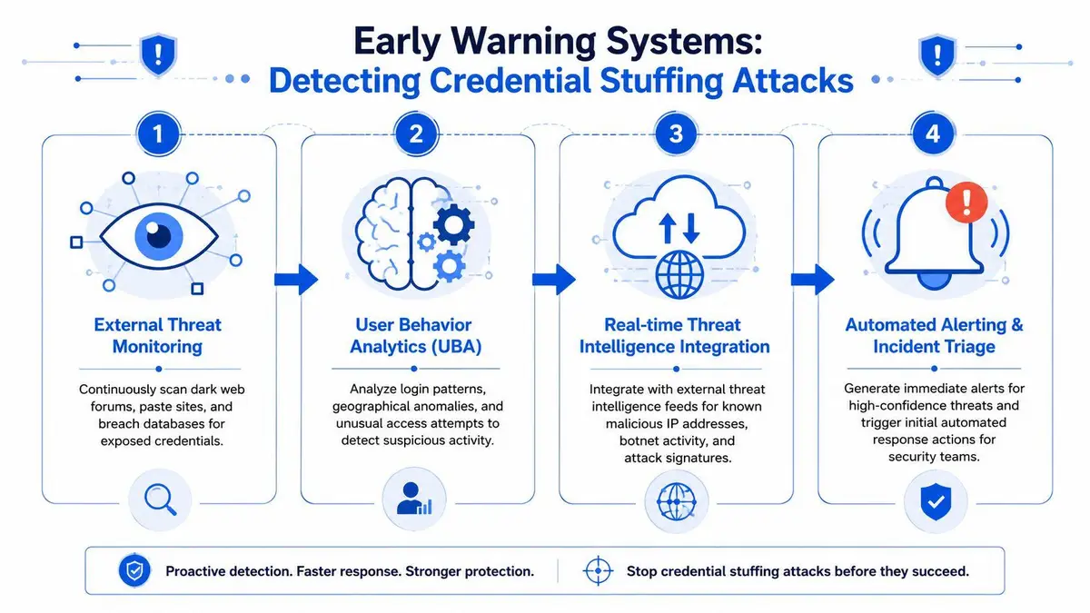 A four-step infographic illustrating the early warning system process for detecting and mitigating credential stuffing attacks.