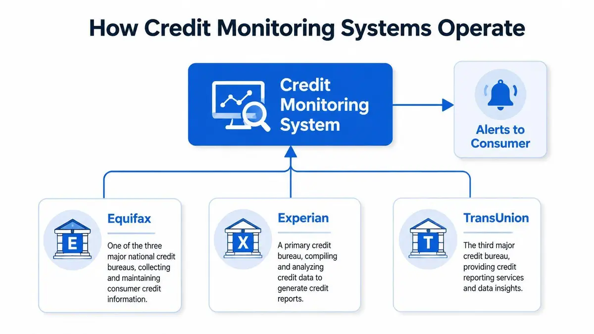 A diagram illustrating how credit monitoring systems process data from three major bureaus to send consumer alerts.