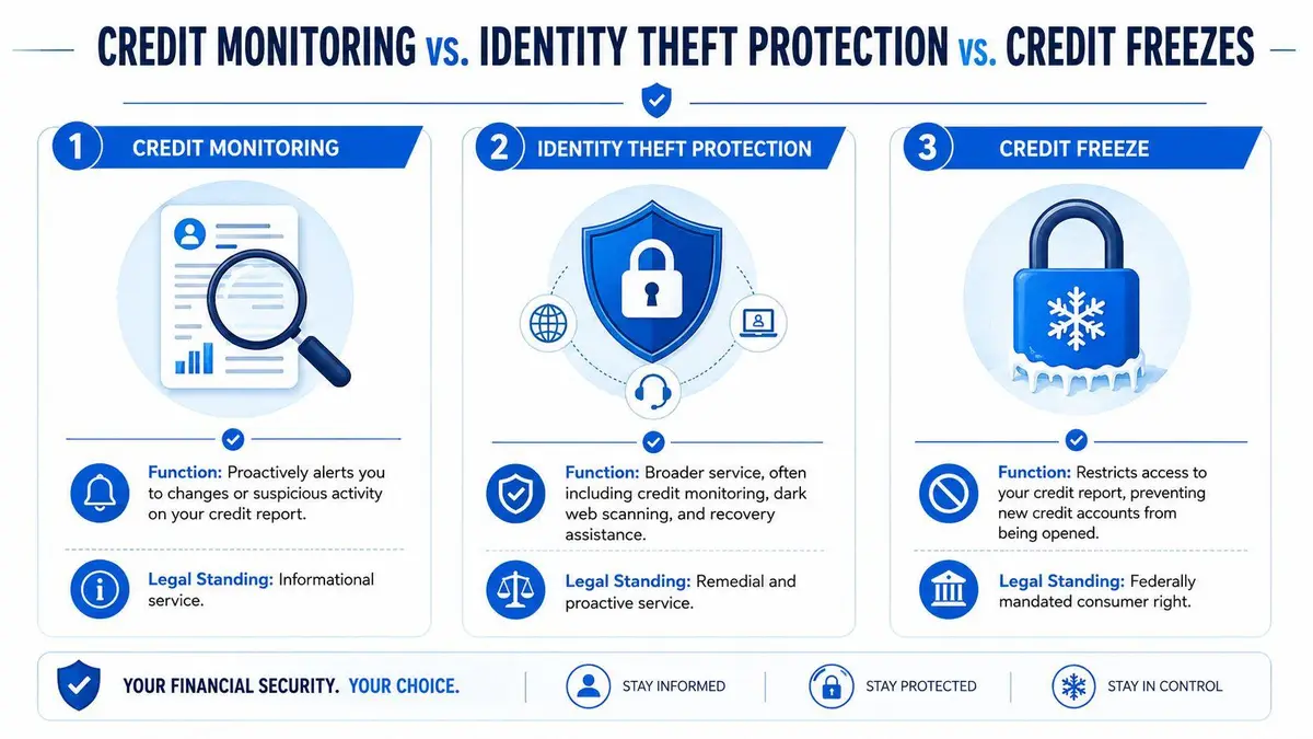An infographic comparing credit monitoring, identity theft protection, and credit freezes as financial security tools.