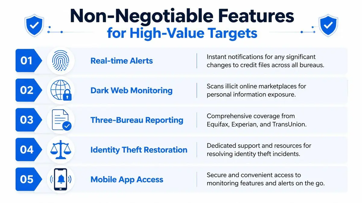 A list of five essential features for high-value credit monitoring services to protect personal financial data.