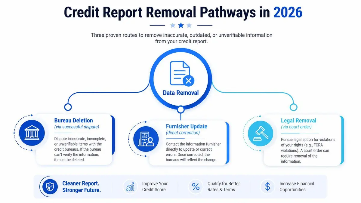A visual guide outlining three pathways for credit report removal: bureau deletion, furnisher updates, and legal removal.