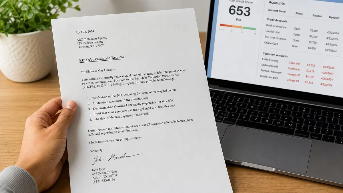 A person holding a debt validation request letter near a laptop showing an online credit report.