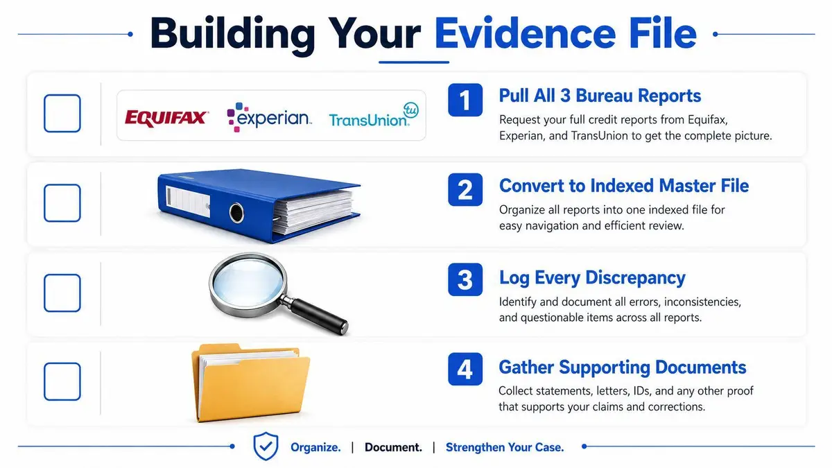 A four-step infographic illustrating how to build an evidence file to dispute errors on credit reports.