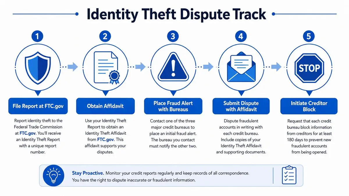 A five-step infographic guide explaining the process of resolving identity theft and disputing fraudulent credit activity.