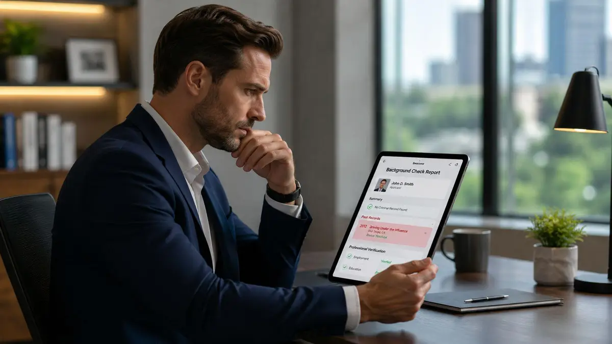 A professional man in a suit reviews a digital background check report on his tablet at work.