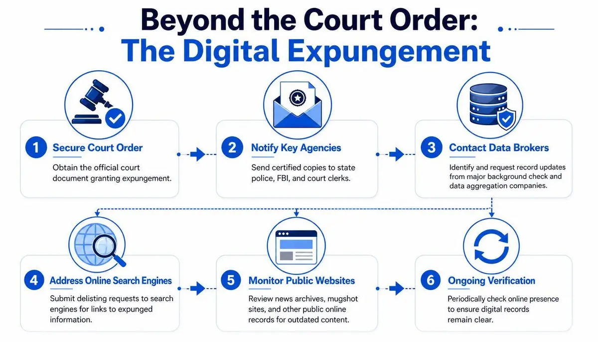 A six-step infographic guide detailing the process of achieving digital expungement for a criminal record.