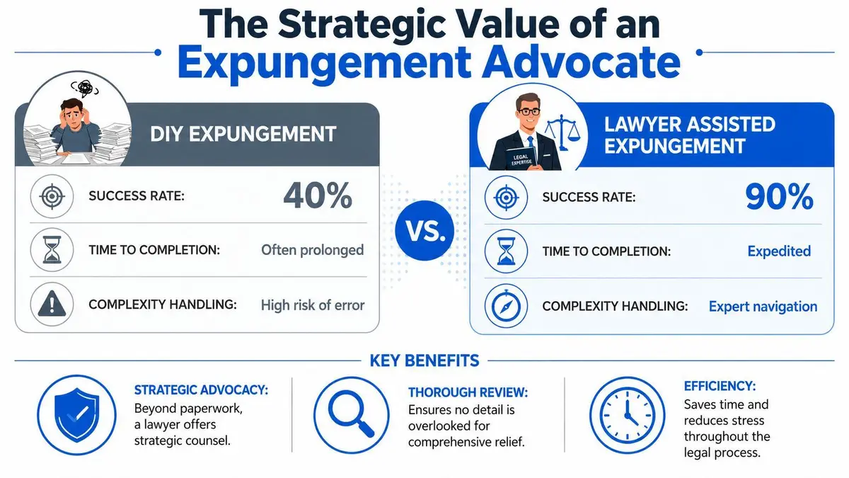 A comparative infographic illustrating the strategic advantages and higher success rates of hiring an expungement lawyer versus DIY efforts.