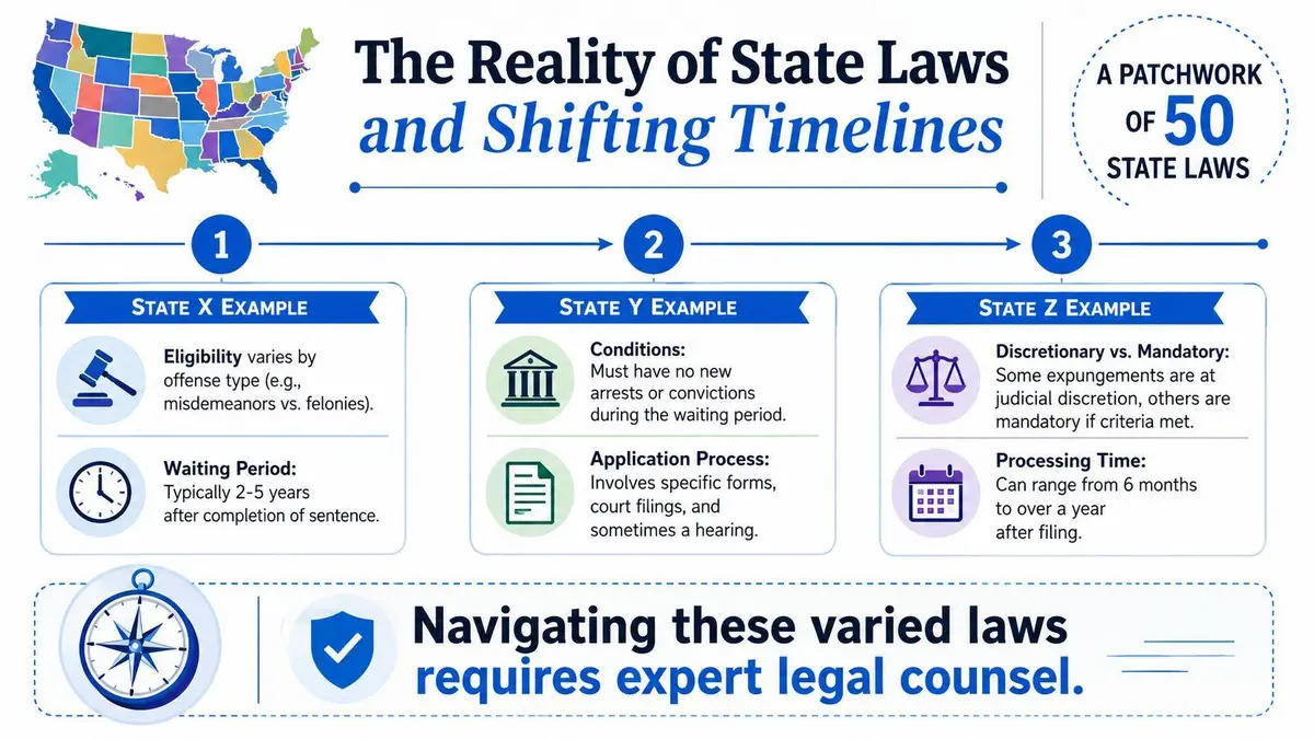 An infographic titled The Reality of State Laws and Shifting Timelines explaining complex state expungement legal processes.