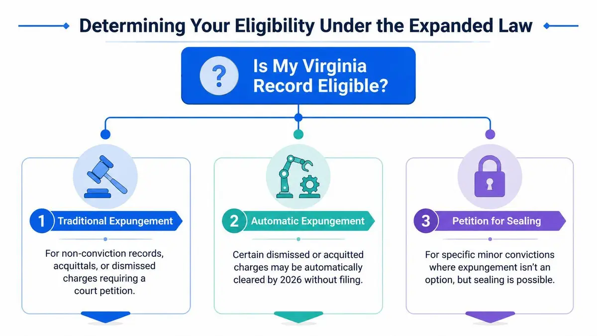 An infographic titled Determining Your Eligibility Under the Expanded Law explaining options for Virginia record expungement and sealing.