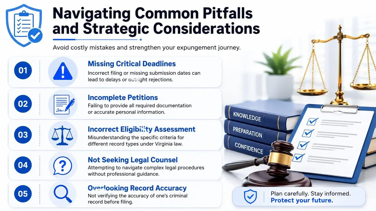 An infographic detailing five common mistakes to avoid during the Virginia criminal record expungement process for legal clarity.