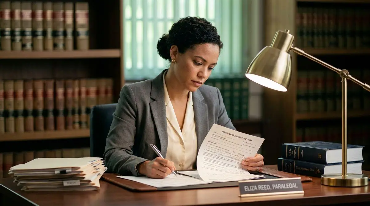 A professional paralegal writing on a Virginia expungement petition at her desk in a law library.