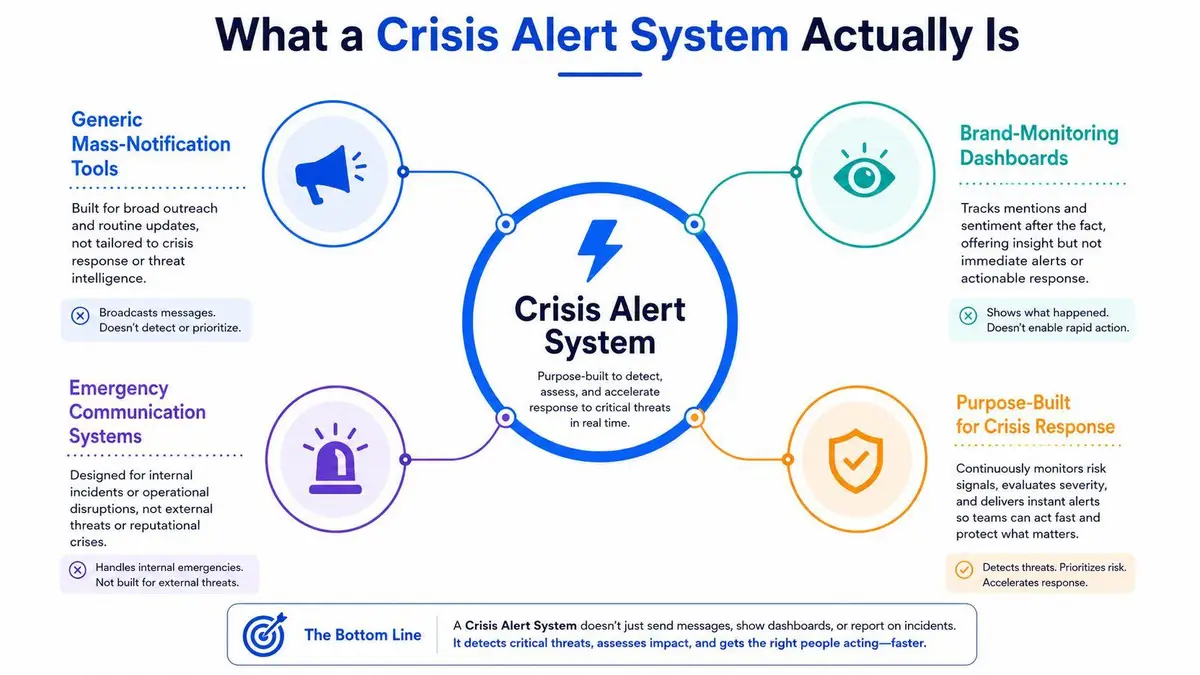An infographic defining a crisis alert system by comparing it to other common business communication tools.