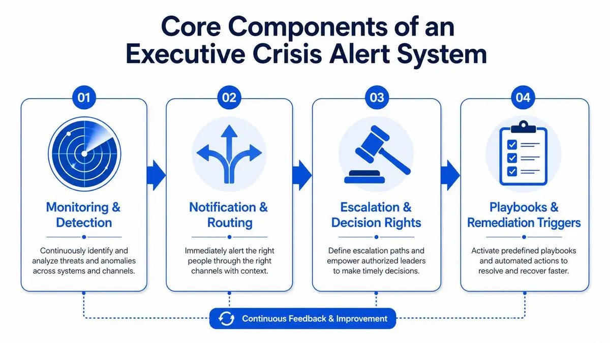 A diagram illustrating the four core components of an executive crisis alert system including monitoring, notification, decision making, and playbooks.
