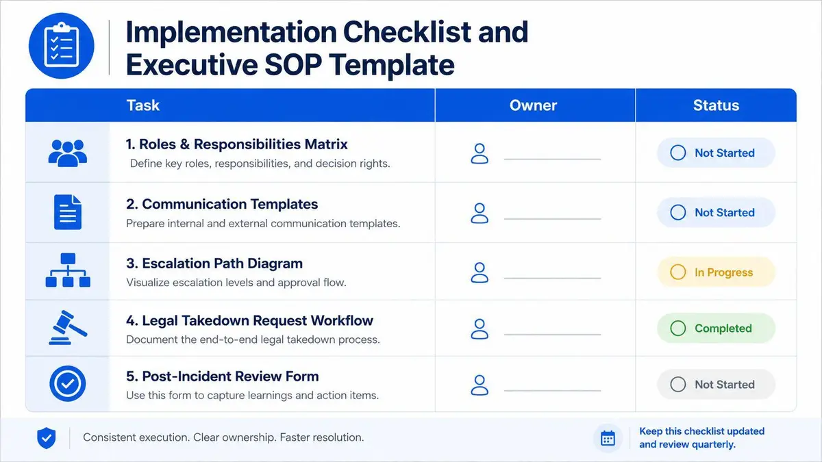An implementation checklist and executive standard operating procedure template for project management tasks and status tracking.