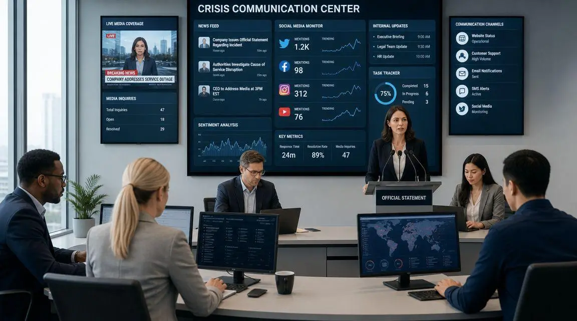 A professional crisis communication team working in a modern office with data dashboards and a speaker.