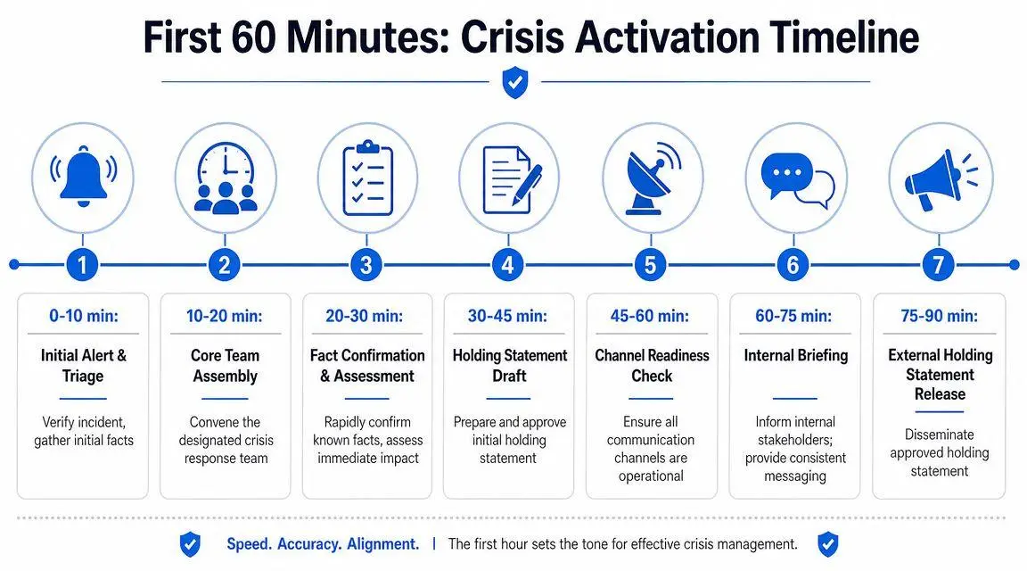 A timeline graphic showing the seven steps for crisis activation during the first ninety minutes.