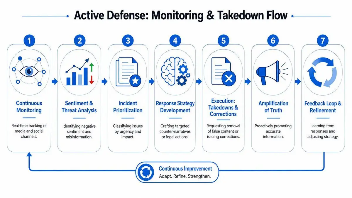 A seven-step flowchart illustrating the active defense process for monitoring threats and executing takedowns in crisis communication.