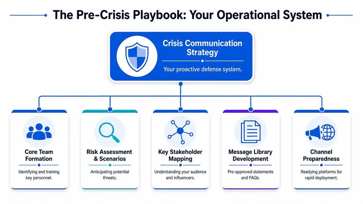 A diagram outlining the key components of a proactive crisis communication strategy and operational system.