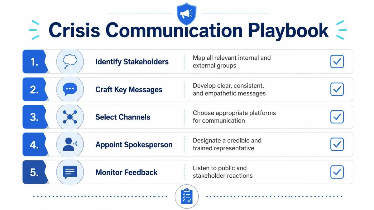 A five-step Crisis Communication Playbook infographic outlining essential steps for managing organizational communications during emergencies.