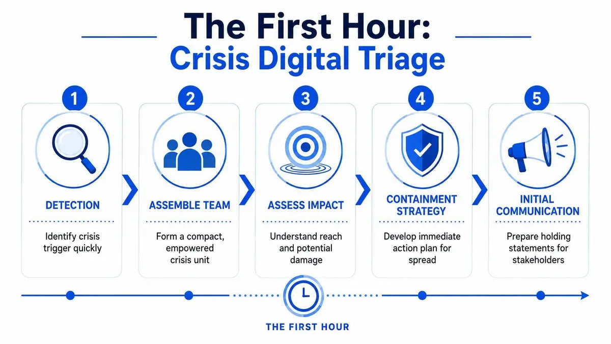 A five-step infographic titled The First Hour: Crisis Digital Triage detailing initial crisis management procedures.
