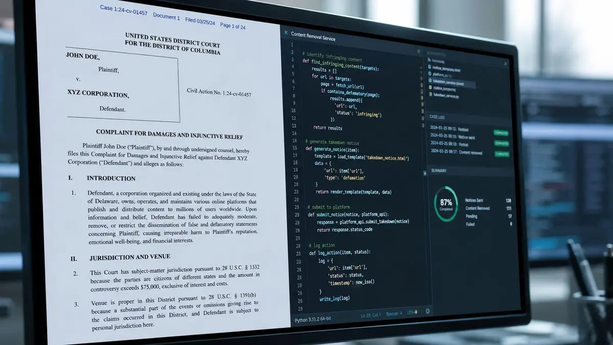 A computer screen displaying a legal complaint document next to automated Python code for content removal services.