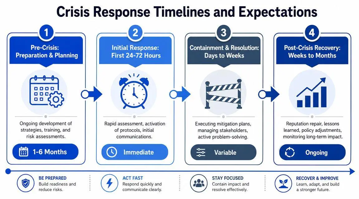 A four-stage crisis management infographic outlining timelines, expectations, and strategic phases for organizational response and recovery.