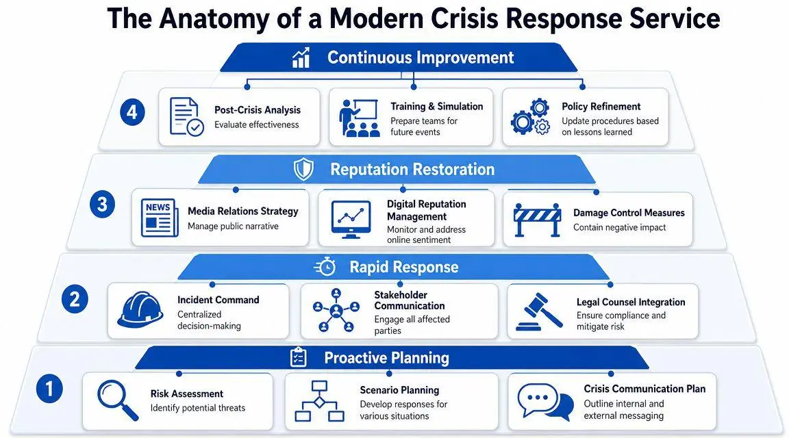 A four-layer pyramid diagram showing the progression of a modern crisis response service from planning to improvement.