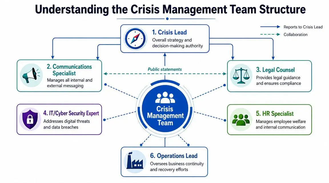 A diagram illustrating the roles and structure of a professional organizational crisis management team.