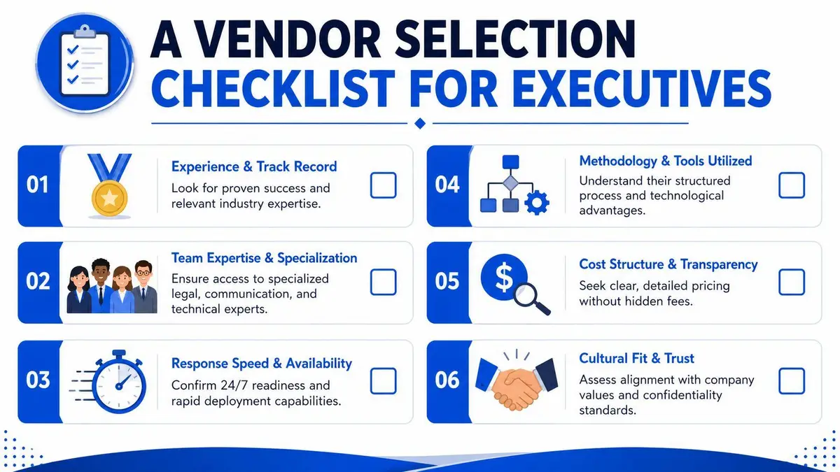 A professional infographic checklist for executives outlining six key factors for evaluating and selecting vendors.