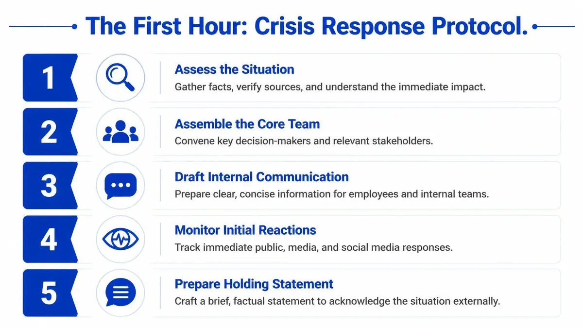 A five-step flowchart outlining the essential crisis response protocol actions to take within the first hour.