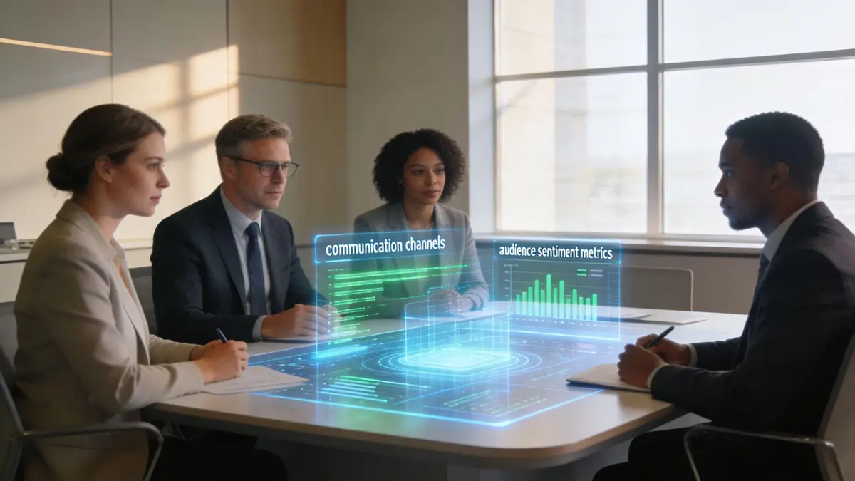 A professional business team sitting at a table viewing digital holographic charts and data analytics about public communication.