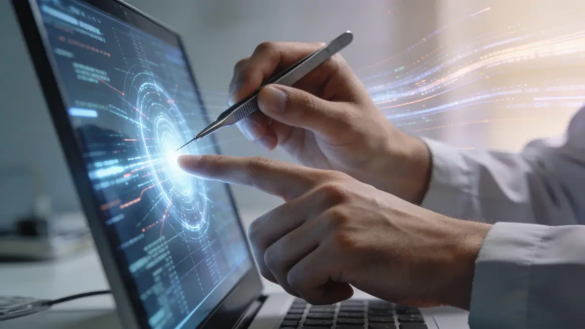 A scientist or technician uses tweezers to analyze a glowing digital data visualization on a laptop screen.