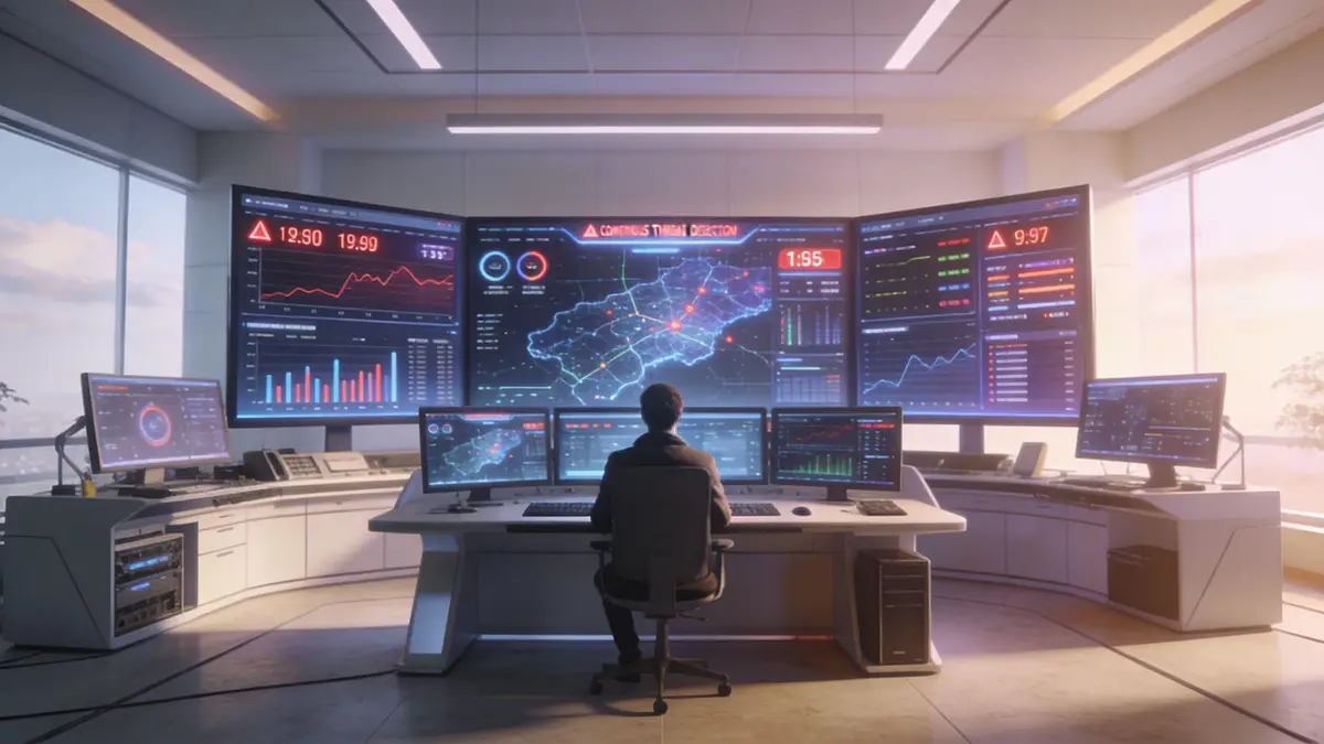 A cybersecurity professional sits at a desk in a futuristic command center monitor wall monitoring global data threats.