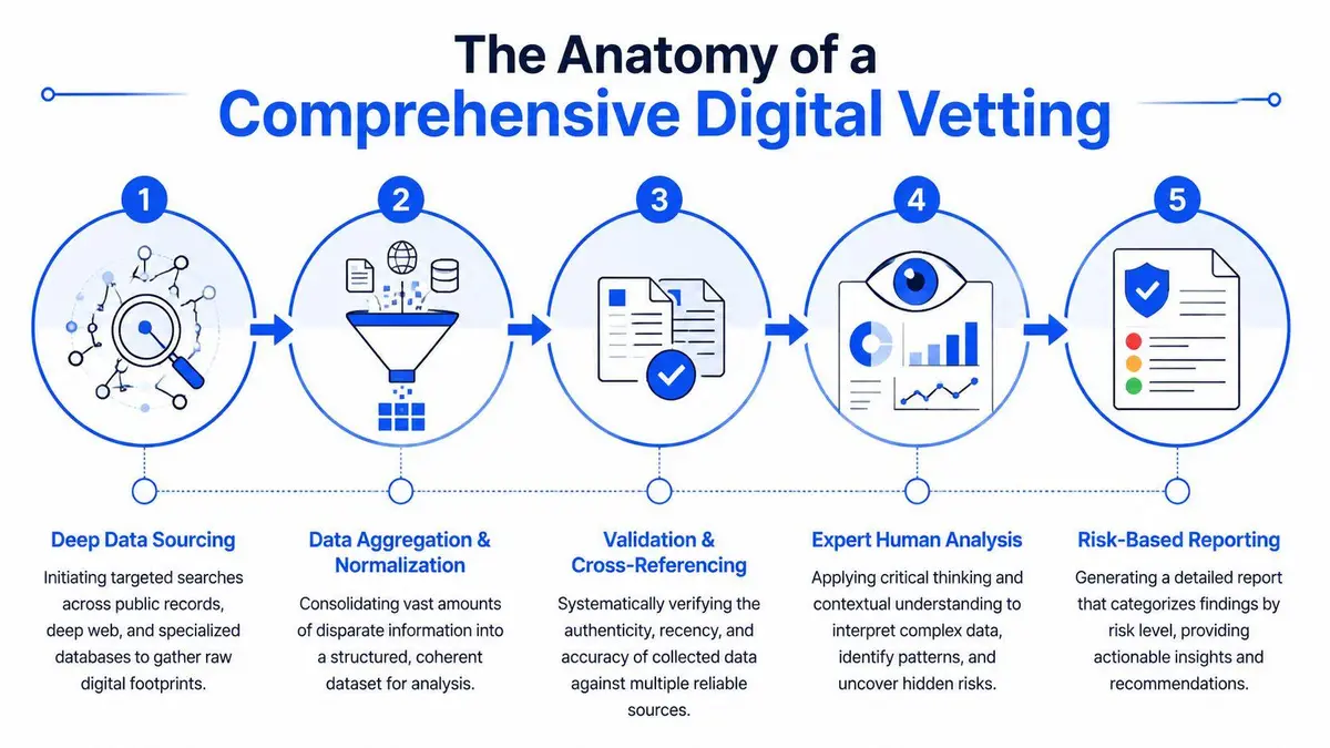 A five-step infographic explaining the comprehensive digital vetting process from data sourcing to risk-based reporting.