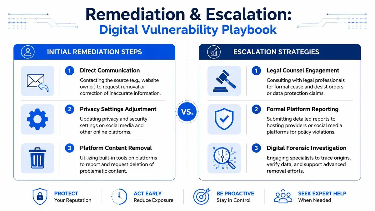 A digital vulnerability playbook infographic outlining initial remediation steps and escalation strategies for managing online information.