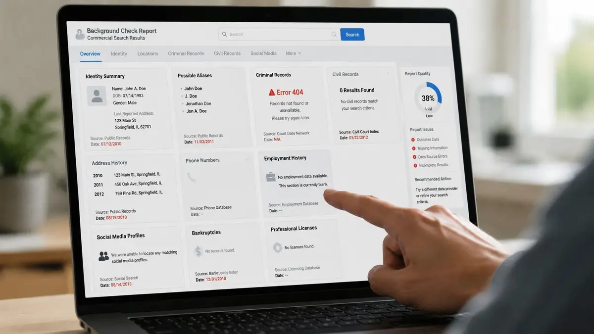 A person pointing to a laptop screen displaying a digital background check report with empty data fields.