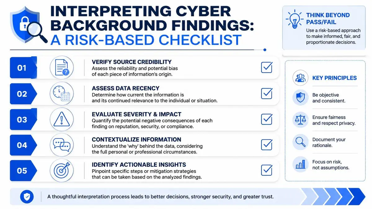A risk-based checklist for interpreting cyber background check findings with five key evaluation steps.