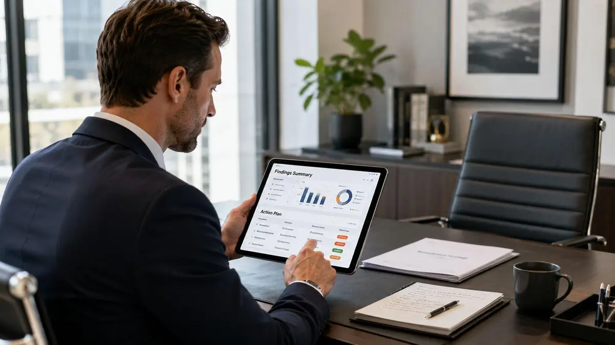 A professional man in a business suit reviewing cyber security compliance and action plans on a tablet.