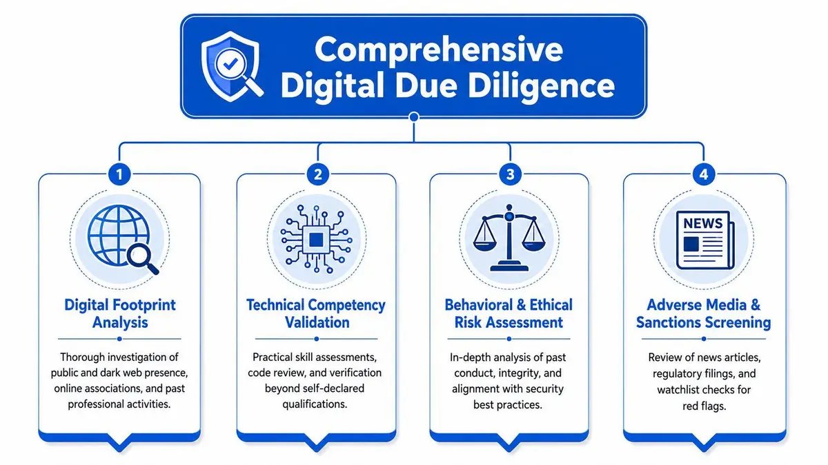 A diagram illustrating the four key components of a comprehensive digital due diligence security check process.