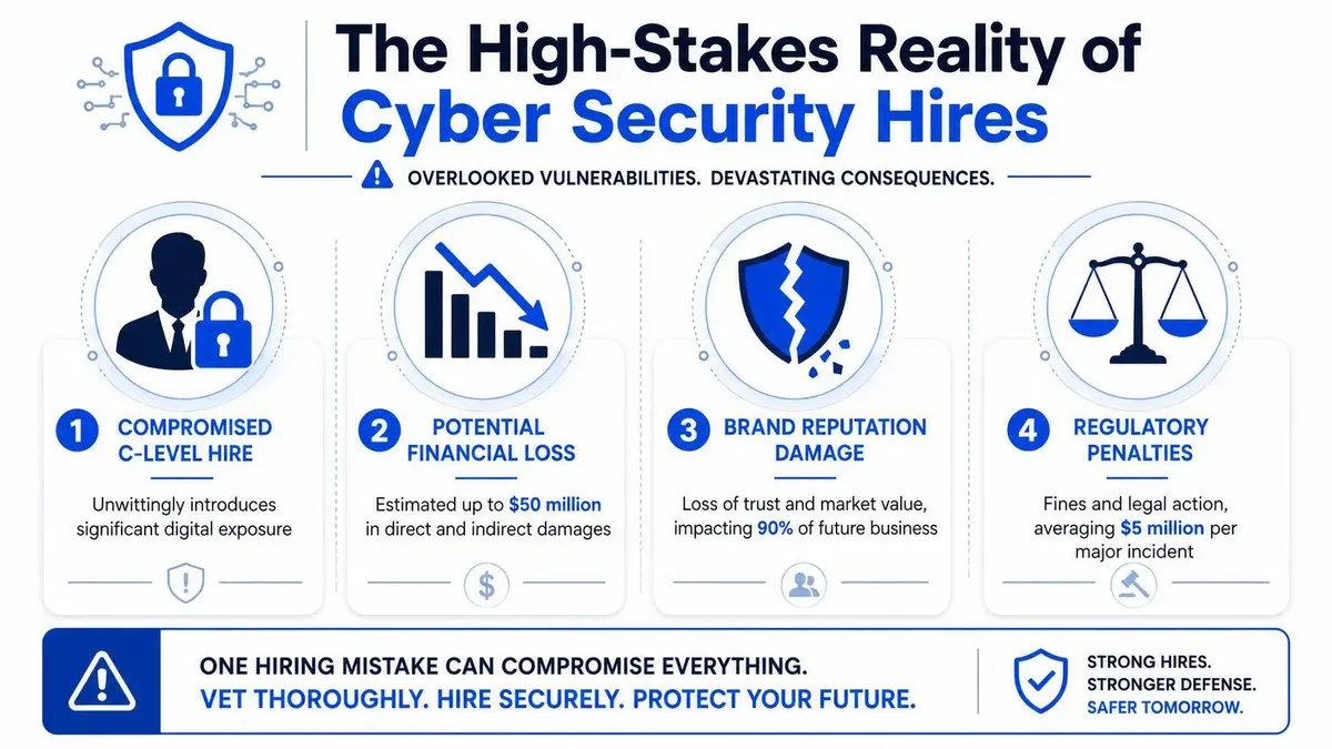 An infographic detailing the risks of poor cybersecurity hiring, including financial, reputational, and regulatory consequences.