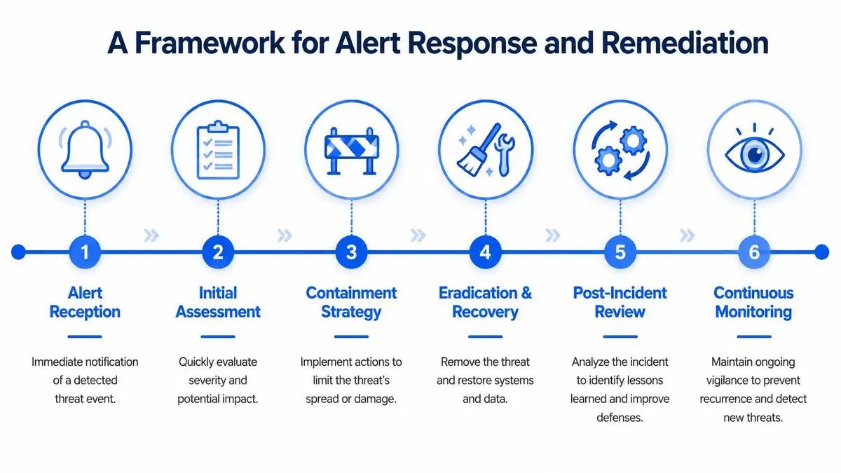A six-step infographic outlining a strategic framework for business alert response and cybersecurity incident remediation processes.