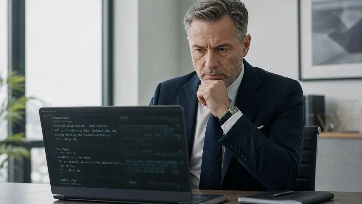 A concerned businessman in a suit looks at a laptop screen showing dark web security breach alerts.