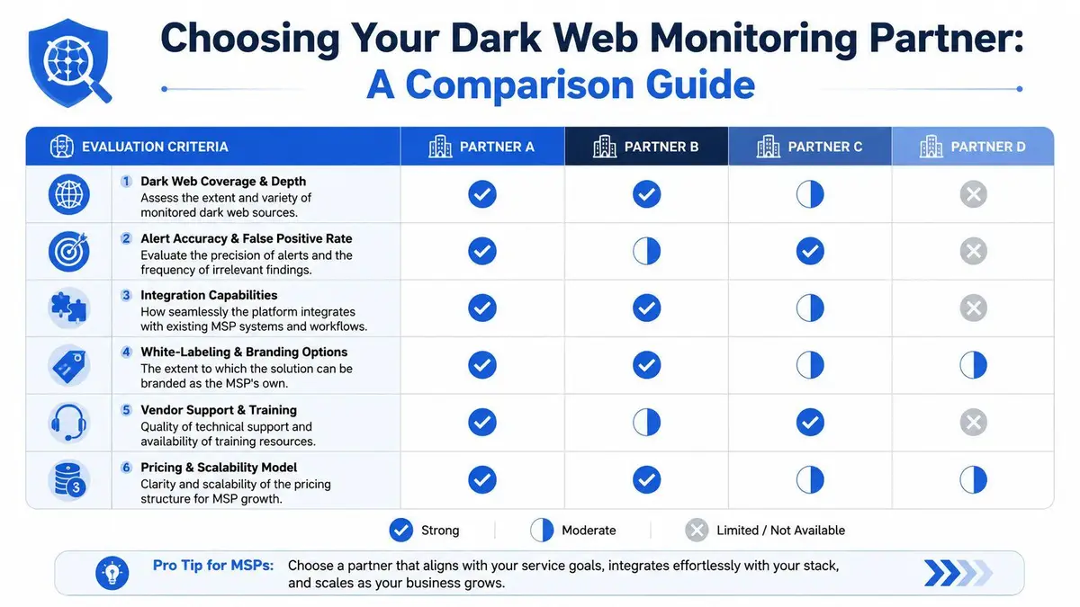 A comparison chart evaluating four different dark web monitoring partners for managed service providers across six criteria.