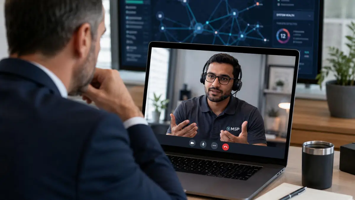 A professional man participates in a video call with an IT support specialist to discuss cybersecurity issues.